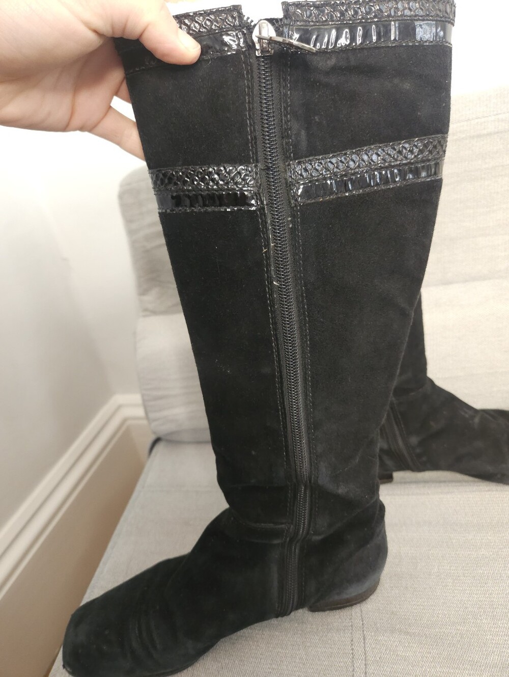Tory Burch Black Suede Knee-High Boots with Logo Medallion - Picture 7 of 9